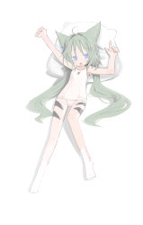 Rule 34 | 1girl, :o, ahoge, animal ears, arm up, blue eyes, blush, body markings, clenched hand, collarbone, green hair, hair intakes, highres, kokaki mumose, long hair, lying, on back, one-piece swimsuit, original, pillow, school swimsuit, stretched limb, swimsuit, very long hair, white background, white legwear, white one-piece swimsuit