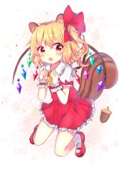 Rule 34 | 1girl, :o, acorn, animal ears, arms up, ascot, blonde hair, blush, bobby socks, commentary, curled fingers, fang, flandre scarlet, frilled skirt, frills, gradient background, hair between eyes, hair ribbon, hanen (borry), highres, kemonomimi mode, long hair, looking at viewer, mary janes, no headwear, one side up, open mouth, petticoat, pink background, red eyes, red footwear, red skirt, red vest, ribbon, shoes, skirt, socks, solo, squirrel ears, squirrel tail, symbol-only commentary, tail, touhou, vest, white background, white socks, wings, wrist cuffs, yellow ascot