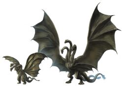 Rule 34 | absurdres, alien, dragon, dual persona, ghidorah, the three-headed monster, godzilla: king of the monsters, godzilla (series), highres, hydra, kaijuu, king ghidorah, legendary pictures, monsterverse, multiple heads, multiple tails, no humans, simple background, size comparison, size difference, tail, toho, ultra-taf, white background, wings