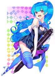 Rule 34 | 1girl, :d, absurdres, black skirt, blue hair, blue thighhighs, breasts, cleavage cutout, clothing cutout, elbow gloves, full body, gloves, heart cutout, high heels, highres, long hair, medium breasts, onaka (pixiv11820960), open mouth, original, p hair ornament, pixiv, pixiv-tan, ponytail, purple eyes, shoes, skindentation, skirt, smile, solo, stylus, thighhighs, white footwear, white gloves