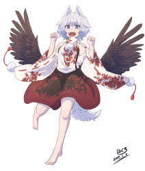 Rule 34 | 1girl, 2017, :d, animal ears, arms up, bare legs, bare shoulders, barefoot, blue eyes, clenched hands, dated, detached sleeves, eyebrows, feathered wings, full body, hakuro109, highres, inubashiri momiji, japanese clothes, looking at viewer, open mouth, pom pom (clothes), signature, simple background, skirt, smile, solo, tail, touhou, white background, white hair, wide sleeves, wings, wolf ears, wolf tail