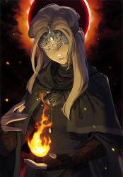 Rule 34 | 1girl, blindfold, blonde hair, breasts, capelet, cloak, covered eyes, dark souls (series), dark souls iii, dress, fire, fire keeper, highres, jewelry, large breasts, lips, long hair, looking at viewer, mask, medium breasts, necklace, simple background, solo, upper body, zambiie