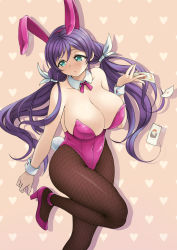 Rule 34 | 10s, 1girl, animal ears, aqua eyes, ayase eli, bare shoulders, blush, breasts, rabbit ears, rabbit tail, card, cleavage, covered navel, detached collar, fake animal ears, female focus, fishnet pantyhose, fishnets, hair ribbon, heart, heart background, high heels, highres, huge breasts, long hair, love live!, love live! school idol project, open mouth, pantyhose, pas (paxiti), playboy bunny, playing card, purple hair, ribbon, simple background, solo, tail, tojo nozomi, twintails, wrist cuffs, yazawa nico