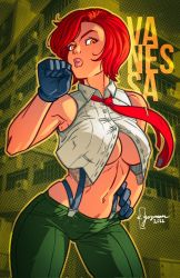 Rule 34 | 1girl, boxing, breasts, gloves, green pants, highres, lipstick, makeup, mature female, open clothes, open shirt, pants, red eyes, red hair, red tie, shirt, short hair, snk, suspenders, the king of fighters, vanessa (kof), white shirt