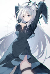 Rule 34 | 1girl, ahoge, animal ears, arms up, black dress, blue archive, breasts, choker, cleavage, commentary request, cropped jacket, dark halo, dress, grey eyes, grey hair, hair between eyes, hair ornament, hairclip, halo, highres, large breasts, long hair, long sleeves, looking at viewer, matsumoto tomoyohi, shiroko (blue archive), shiroko terror (blue archive), solo, thigh strap, white background, wide sleeves, wolf ears