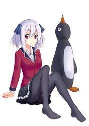 Rule 34 | 1girl, absurdres, bird, cierra runis, coat, grey hair, hair ornament, hair ribbon, highres, jacket, looking at viewer, overidea, pantyhose, penguin, red coat, red eyes, red jacket, ribbon, school uniform, short hair, simple background, smile, solo, tshen1998, twintails, virtual youtuber, white hair