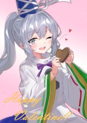Rule 34 | 1girl, ;d, blue hat, blush, candy, chocolate, chocolate heart, collared shirt, commentary request, double-parted bangs, food, gift, grey eyes, grey hair, hair between eyes, hands up, happy, happy valentine, hat, heart, highres, holding, holding gift, kurapi pref, long hair, mononobe no futo, neck ribbon, one eye closed, open mouth, pink background, pom pom (clothes), ponytail, purple ribbon, ribbon, ribbon-trimmed sleeves, ribbon trim, shirt, sidelocks, simple background, smile, solo, tate eboshi, touhou, upper body, valentine, white shirt, wide sleeves