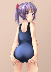 Rule 34 | 1girl, ass, cowboy shot, from behind, highres, looking at viewer, looking back, one-piece swimsuit, original, pink background, ponytail, purple eyes, purple hair, school swimsuit, shibacha (shibacha 0728), short hair, simple background, solo, swimsuit