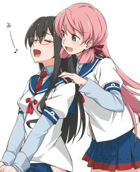 Rule 34 | 10s, 2girls, :d, ^ ^, akashi (kancolle), black hair, blue skirt, blush, breasts, clenched hand, closed eyes, collared shirt, female focus, from behind, glasses, green eyes, hair between eyes, hairband, hands on another&#039;s shoulders, hands on legs, hands on shoulders, happy, hip vent, kantai collection, long hair, long sleeves, looking at another, massage, multiple girls, musical note, necktie, ooyodo (kancolle), open mouth, pink hair, pleated skirt, school uniform, serafuku, shirt, side slit, simple background, skirt, smile, thighhighs, two-tone skirt, v arms, white background, youkan, yuri