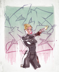 Rule 34 | 1girl, bangs pinned back, blonde hair, blood, blood on clothes, blood on face, candy, cassie cage, chewing gum, dated, explosive, fezat, finger on trigger, food, gradient background, graffiti, green background, gumball, gun, hair bun, hand on own thigh, jewelry, legs apart, marker (medium), mortal kombat (series), mortal kombat x, necklace, pink background, pouch, single hair bun, solo, standing, thigh pouch, thigh strap, traditional media, weapon