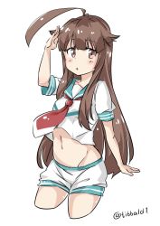 Rule 34 | 10s, 1girl, ahoge, arm up, bad id, bad twitter id, blush, brown eyes, brown hair, cowboy shot, cropped legs, ebifurya, eyebrows, hair flaps, highres, huge ahoge, inactive account, kantai collection, kuma (kancolle), long hair, midriff, navel, necktie, parted lips, red necktie, school uniform, serafuku, short sleeves, shorts, simple background, solo, stomach, twitter username, white background