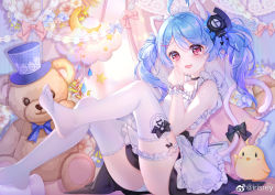Rule 34 | 1girl, absurdres, ahoge, animal ears, apron, azur lane, bad link, black bow, black choker, black skirt, blue bow, blue hair, blush, bow, bridal garter, cat ears, cat tail, choker, creature, fake animal ears, fang, feet, feet up, flower, foot out of frame, frilled apron, frills, hair ornament, hairclip, hand up, highres, irisrey, knees up, lena (azur lane), long hair, looking at viewer, manjuu (azur lane), no shoes, on bed, open mouth, panties, pillow, pink bow, pink flower, red eyes, sitting, skin fang, skirt, star (symbol), stuffed animal, stuffed toy, tail, tail bow, tail ornament, tail raised, tearing up, teddy bear, thighhighs, twintails, underwear, weibo watermark, white apron, white panties, white thighhighs, wrist cuffs, x hair ornament