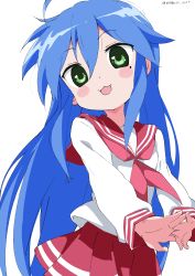 Rule 34 | 1girl, :3, absurdres, blue hair, blush stickers, green eyes, hair between eyes, highres, interlocked fingers, izumi konata, long hair, long sleeves, looking at viewer, lucky star, mole, mole under eye, neckerchief, own hands together, pleated skirt, red neckerchief, red sailor collar, red skirt, ryouou school uniform, sailor collar, school uniform, serafuku, simple background, skirt, solo, uniform, very long hair, white background, white gorilla (okamoto)