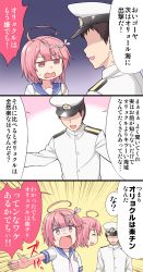 Rule 34 | 10s, 1boy, 1girl, 3koma, admiral (kancolle), ahoge, comic, gradient background, hair ornament, highres, i-58 (kancolle), japanese clothes, kantai collection, open mouth, orel cruise, pink eyes, sama samasa, school uniform, short hair, translation request