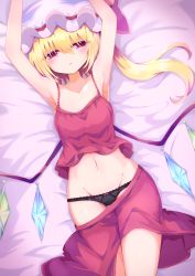 Rule 34 | 1girl, arms up, black panties, blonde hair, bow, bow panties, breasts, clothes pull, collarbone, commentary request, cowboy shot, dutch angle, flandre scarlet, groin, half-closed eyes, hat, highres, long hair, lying, mob cap, navel, on back, on bed, panties, parted lips, red eyes, red skirt, red tank top, skirt, skirt pull, small breasts, solo, tank top, tomoe (fdhs5855), touhou, underwear, white hat, wings