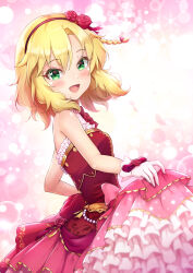 Rule 34 | 1girl, :d, blonde hair, blush, bow, braid, breasts, commentary request, dress, flower, frilled dress, frills, gem, gloves, gold trim, gown, green hair, hair between eyes, hair flower, hair ornament, hairband, highres, idolmaster, idolmaster cinderella girls, idolmaster cinderella girls u149, layered dress, looking at viewer, medium hair, novady, open mouth, pearl (gemstone), petals, pink bow, red dress, red flower, red hairband, red rose, rose, sakurai momoka, sidelocks, skirt hold, sleeveless, sleeveless dress, small breasts, smile, white gloves