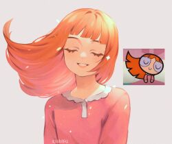 Rule 34 | 1girl, artist name, blossom (ppg), buttercup redraw challenge (meme), closed eyes, commentary, derivative work, english commentary, knaiifu, long hair, meme, orange hair, pajamas, pink pajamas, powerpuff girls, reference inset, screenshot redraw, signature, simple background, smile, solo, sparkle