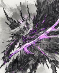 Rule 34 | 1boy, closed mouth, dark souls (series), dark souls i, highres, holding, holding sword, holding weapon, horns, long hair, looking at viewer, male focus, monochrome, purple theme, shimhaq, solo, sword, the four kings, weapon