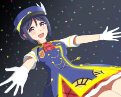 Rule 34 | 1girl, artist name, artist request, ascot, blue dress, blue hair, blue hat, blush, brown footwear, collared shirt, cross-laced footwear, dress, earrings, epaulettes, female focus, gloves, hair bun, happy party train, hat, highres, hug, jewelry, long hair, looking at viewer, love live!, love live! school idol festival, love live! sunshine!!, matsuura kanan, ponytail, purple eyes, purple hair, red ascot, red skirt, shirt, short hair, short sleeves, single hair bun, skirt, smile, solo, standing, star (symbol), whistle, white gloves
