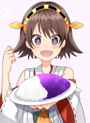 Rule 34 | + +, 1girl, absurdres, bad food, brown hair, curry, curry rice, detached sleeves, flipped hair, food, hairband, hiei (kancolle), highres, japanese clothes, kantai collection, katsuobushi (eba games), looking at viewer, purple eyes, ribbon-trimmed sleeves, ribbon trim, rice, short hair, simple background, solo, upper body, white background