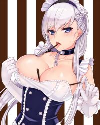 Rule 34 | 1girl, azur lane, belfast (azur lane), blue eyes, blush, braid, breasts, chain, cleavage, cocq taichou, collar, collarbone, eating, elbow gloves, food, french braid, frills, gloves, large breasts, long hair, maid headdress, pocky, pocky day, silver hair, solo, sweat, tongue, tongue out, top pull, white gloves