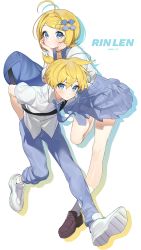 Rule 34 | 1boy, 1girl, ahoge, alternate costume, bag, blonde hair, blue eyes, blue necktie, character name, closed mouth, collared shirt, floating, hand in pocket, hands on own cheeks, hands on own face, highres, kagamine len, kagamine rin, loafers, looking at viewer, mono (mono zzz), necktie, pleated skirt, school bag, school uniform, shirt, shoes, short hair, simple background, skirt, socks, twitter username, uniform, vocaloid, white background