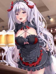 Rule 34 | 1girl, apron, azur lane, beer mug, black dress, blush, breasts, cleavage, clothing cutout, cup, dress, elbe (azur lane), elbe (time to show off?) (azur lane), frilled dress, frills, highres, large breasts, long hair, looking at viewer, melopun, mug, open mouth, purple eyes, silver hair, smile, solo, thighs, twintails, underboob cutout, wavy hair
