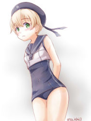Rule 34 | 1girl, arms behind back, artist name, bare legs, bare shoulders, blonde hair, cosplay, covered navel, crop top, green eyes, hat, kantai collection, looking at viewer, neckerchief, one-piece swimsuit, otoichi, ro-500 (kancolle), ro-500 (kancolle) (cosplay), ro-class destroyer (cosplay), sailor collar, sailor hat, school swimsuit, short hair, simple background, skin tight, solo, swimsuit, swimsuit under clothes, white background, z1 leberecht maass (kancolle)