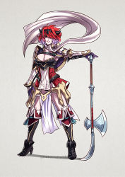 Rule 34 | 1girl, armor, armored boots, axe, boots, camilla (fire emblem), evil grin, evil smile, fire emblem, fire emblem fates, full body, fusion, gloves, grey background, grin, gzei, hinoka (fire emblem), holding, holding axe, holding weapon, looking at viewer, multicolored hair, nintendo, pauldrons, scarf, shoulder armor, simple background, smile, solo, two-tone hair, weapon