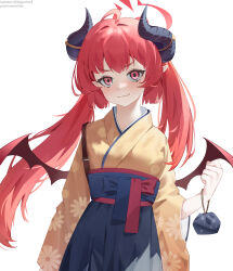 Rule 34 | 1girl, absurdres, ahoge, blue archive, closed mouth, floral print, hakama, hakama skirt, halo, highres, horns, japanese clothes, junko (blue archive), junko (new year) (blue archive), kimono, long hair, long sleeves, looking at viewer, mentha, pointy ears, red eyes, red hair, red wings, simple background, skirt, smile, solo, twintails, white background, wide sleeves, wings, yellow kimono