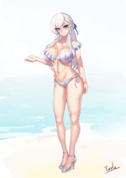 Rule 34 | 1girl, absurdres, artist name, azur lane, bare shoulders, beach, belfast (azur lane), between breasts, bikini, blue ribbon, braid, breasts, cleavage, closed mouth, frilled bikini, frills, full body, hair ornament, halterneck, hand up, high heels, highres, large breasts, long hair, looking at viewer, midriff, navel, outstretched hand, parted bangs, ribbon, shiny footwear, smile, solo, standing, swimsuit, thighs, tierla, water, white bikini, white footwear, white hair