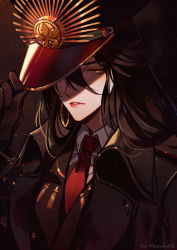 Rule 34 | 1girl, adjusting clothes, adjusting headwear, artist name, brown hair, coat, commentary request, dress shirt, fate/grand order, fate (series), gloves, hair between eyes, hat, lipstick, long hair, looking at viewer, makeup, march ab, necktie, oda nobunaga (fate), oda nobunaga (koha-ace), oda uri, parted lips, peaked cap, red eyes, shirt, sidelocks, solo, upper body