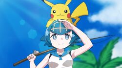 Rule 34 | 1girl, :3, arm up, armpits, black eyes, blue eyes, blue hair, blue sailor collar, blue sky, blurry, blurry background, blush stickers, bob cut, breasts, bright pupils, closed mouth, cloud, collarbone, creatures (company), day, female focus, fishing rod, game freak, gen 1 pokemon, grapeanime, hairband, hand up, happy, highres, holding, holding fishing rod, lana (pokemon), lens flare, light rays, looking afar, matching hair/eyes, nintendo, on head, outdoors, palm tree, pikachu, pokemon, pokemon (anime), pokemon (creature), pokemon on head, pokemon sm (anime), sailor collar, shading eyes, shiny skin, shirt, short hair, sidelocks, sky, sleeveless, sleeveless shirt, small breasts, smile, split mouth, standing, straight-on, sunlight, tree, upper body, white pupils, white shirt, yellow hairband