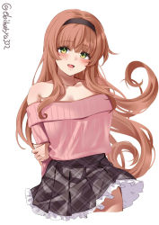 Rule 34 | 1girl, bare shoulders, black hairband, black skirt, blush, brown eyes, cowboy shot, ebifurya, green eyes, hairband, helena (kancolle), highres, kantai collection, long hair, long sleeves, off shoulder, one-hour drawing challenge, open mouth, pink sweater, simple background, skirt, smile, solo, sweater, twitter username, white background