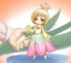 Rule 34 | artist request, blush, colored skin, crown, flower girl, green skin, handshake, jewelry, mini person, minigirl, monster girl, purple eyes, ring, size difference, smile, weapon