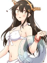 Rule 34 | 1girl, absurdres, any (lucky denver mint), bare shoulders, bikini, bikini top only, black hair, bracelet, brown eyes, hair between eyes, hair ornament, hairclip, haruna (kancolle), headgear, heart, highres, jewelry, kantai collection, long hair, looking at viewer, midriff, navel, signature, simple background, smile, solo, swimsuit, white background, white bikini