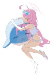 Rule 34 | 1girl, absurdres, ahoge, bikini, blue archive, blue eyes, eyewear on head, frilled bikini, frills, full body, hair between eyes, hair bobbles, hair ornament, halo, highres, hoshino (blue archive), hoshino (swimsuit) (blue archive), inflatable toy, inflatable whale, long hair, looking at viewer, low twintails, parted lips, pink hair, sandals, simple background, solo, sunglasses, sweat, swimsuit, twintails, white background, white bikini, white footwear, yuyin (uzrv7533)