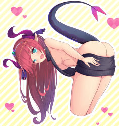 Rule 34 | 10s, 1girl, :d, alternate costume, ass, backless outfit, bare arms, bare shoulders, bent over, blue eyes, blush, breasts, butt crack, cropped legs, curled horns, diagonal stripes, dragon horns, dragon tail, elizabeth bathory (brave) (fate), elizabeth bathory (fate), fate/extra, fate/extra ccc, fate/grand order, fate (series), hairband, hanging breasts, heart, horns, long hair, looking at viewer, medium breasts, meme attire, naked sweater, navel, open mouth, pointy ears, red hair, sleeveless, sleeveless turtleneck, smile, solo, standing, stomach, straight hair, striped, striped background, sweater, tail, tareme, turtleneck, turtleneck sweater, underboob, virgin killer sweater, yoshiheihe