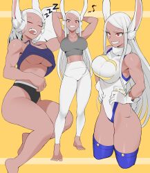 Rule 34 | 1girl, :d, absurdres, animal ears, arms behind head, arms up, bare arms, bare legs, bare shoulders, barefoot, black panties, boku no hero academia, breasts, cleavage, closed eyes, collarbone, commentary, covered navel, crescent print, cropped legs, dark-skinned female, dark skin, feet, full body, fur collar, gloves, grey tank top, grin, head on pillow, highleg, highleg leotard, highres, koyap, large breasts, leotard, long eyelashes, long hair, looking at viewer, lying, midriff, mirko, multiple views, musical note, on side, open mouth, orange background, panties, pants, parted bangs, purple tank top, purple thighhighs, rabbit ears, rabbit girl, rabbit tail, red eyes, sleeping, sleeveless turtleneck leotard, smile, symbol-only commentary, tail, tank top, taut leotard, teeth, thighhighs, thighs, toes, toned, underboob, underwear, upper teeth only, white gloves, white hair, white leotard, white pants, yoga pants, zzz