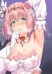 Rule 34 | 1girl, aldehyde, arm behind head, arm up, armpits, blue eyes, blush, flower, flower on head, gloves, hair ornament, highres, pink hair, princess connect!, solo, steaming body, sweat, yui (princess connect!)