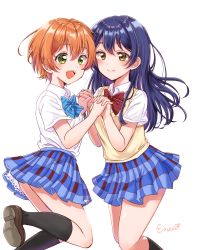 Rule 34 | 2girls, blue bow, blue hair, blue neckwear, blush, bow, bowtie, closed mouth, commentary request, dress shirt, eneco, hair between eyes, highres, holding hands, hoshizora rin, interlocked fingers, long hair, looking at viewer, love live!, love live! school idol project, multiple girls, open mouth, orange hair, otonokizaka school uniform, red bow, red neckwear, school uniform, shirt, short hair, short sleeves, simple background, smile, sonoda umi, striped bow, striped bowtie, striped clothes, striped neckwear, vest, white background, yellow eyes