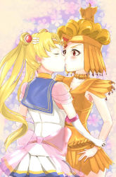 Rule 34 | 2girls, bishoujo senshi sailor moon, blonde hair, blush, bow, choker, commentary, craim, crescent, crescent earrings, double bun, earrings, english commentary, closed eyes, hair ornament, hair up, holding another&#039;s wrist, jewelry, kiss, long hair, multiple girls, pleated skirt, red eyes, sailor galaxia, sailor moon, sailor senshi uniform, skirt, super sailor moon, surprised, tsukino usagi, twintails, very long hair, yellow choker, yuri