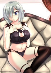 Rule 34 | 10s, 1girl, black panties, black thighhighs, blue eyes, blush, breasts, cat cutout, cat ear panties, cat lingerie, cleavage, cleavage cutout, clothing cutout, collarbone, couch, grey hair, hair ornament, hair over one eye, hairpin, hamakaze (kancolle), highres, kantai collection, large breasts, looking at viewer, meme attire, navel, panties, sheita, short hair, side-tie panties, sitting, solo, thighhighs, underwear, wavy mouth