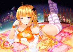 Rule 34 | 1girl, ass, bad id, bad pixiv id, bare shoulders, blonde hair, braid, breasts, cleavage, cleavage cutout, clothing cutout, crossed ankles, detached sleeves, fangs, hair ornament, halloween, halterneck, heart, heart cutout, large breasts, legs up, leotard, lying, no shoes, on bed, on stomach, one eye closed, original, purple eyes, rubbing eyes, side braid, sleepy, solo, striped clothes, striped thighhighs, stuffed toy, thighhighs, wristband, yadapot
