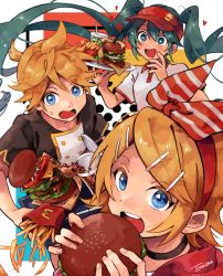 Rule 34 | + +, 1boy, 2girls, ahoge, aqua eyes, aqua hair, blonde hair, blue eyes, bow, burger, buttons, choker, cup, disposable cup, double-breasted, drinking straw, drooling, dropping, eating, employee uniform, fast food, fast food uniform, food, french fries, hair bow, hair ornament, hairclip, hatsune miku, heart, highres, holding, holding food, holding plate, hood, hoodie, imminent bite, kagamine len, kagamine rin, long hair, looking at viewer, mcdonald&#039;s, mouth drool, multiple girls, open mouth, plate, red hoodie, short hair, short ponytail, sparkling eyes, star-shaped pupils, star (symbol), striped, striped bow, sweatdrop, symbol-shaped pupils, tomizu, twintails, two-tone shirt, uniform, very long hair, visor cap, vocaloid