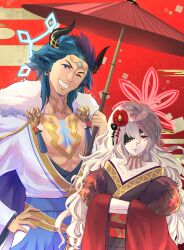 Rule 34 | 1boy, 1girl, askr (fire emblem), askr (new year) (fire emblem), bare shoulders, blue eyes, blue hair, collarbone, crossed arms, dark-skinned male, dark skin, embla (fire emblem), embla (new year) (fire emblem), eyepatch, fire emblem, fire emblem heroes, fur trim, grey hair, holding, holding umbrella, horns, japanese clothes, kimono, lace-trimmed eyepatch, long hair, long sleeves, looking at viewer, muscular, muscular male, nintendo, official alternate costume, oil-paper umbrella, one eye closed, pale skin, red eyes, red kimono, riou (pooh920), short hair, smile, teeth, umbrella, white kimono, wide sleeves