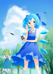 Rule 34 | 2girls, :o, ahoge, angry, arm across waist, arms up, ascot, bloomers, blue dress, blue eyes, blue hair, blue sky, blue vest, blurry, blurry background, blurry foreground, candy, cigarette candy, cirno, clenched hands, cloud, commentary request, daiyousei, day, dress, elbow rest, fairy wings, feet out of frame, food, grass, green hair, hair ribbon, highres, holding, holding candy, holding food, kanpa (campagne 9), kneehighs, leaf, looking at another, looking at viewer, multiple girls, one side up, open mouth, orion cocoa cigarettes, outdoors, pinafore dress, puffy short sleeves, puffy sleeves, red ascot, ribbon, shirt, short hair, short sleeves, sky, sleeveless dress, socks, standing, touhou, tree, underwear, vest, white legwear, white shirt, wind, wind lift, wings, yellow ascot