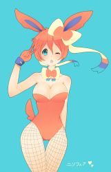 Rule 34 | 10s, 1girl, animal ears, aqua eyes, artist request, blush, bow, breasts, creatures (company), fake animal ears, fishnets, game freak, gen 6 pokemon, gloves, hair bow, hair ornament, leotard, looking at viewer, nintendo, one eye closed, open mouth, pantyhose, personification, playboy bunny, pokemon, pokemon xy, rabbit ears, short hair, simple background, solo, standing, sylveon, tail, thigh gap, v, wink