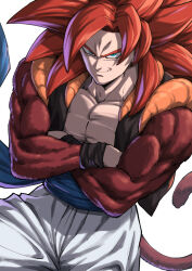 Rule 34 | abs, blue sash, body fur, brown fur, closed mouth, crossed arms, dragon ball, dragon ball gt, fusion, fusion dance, gogeta, green eyes, highres, large pectorals, long hair, looking at viewer, male focus, metamoran vest, monkey boy, monkey tail, muscular, muscular male, pectorals, red hair, sash, shouji nigou, simple background, smile, smirk, solo, spiked hair, super saiyan, super saiyan 4, tail