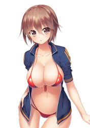 Rule 34 | 1girl, bikini, blush, breasts, brown eyes, brown hair, character request, cleavage, collarbone, front-tie top, jacket, large breasts, navel, open clothes, open jacket, open mouth, pochadon, red bikini, short hair, simple background, sleeves pushed up, solo, strap gap, swimsuit, white background, wide hips